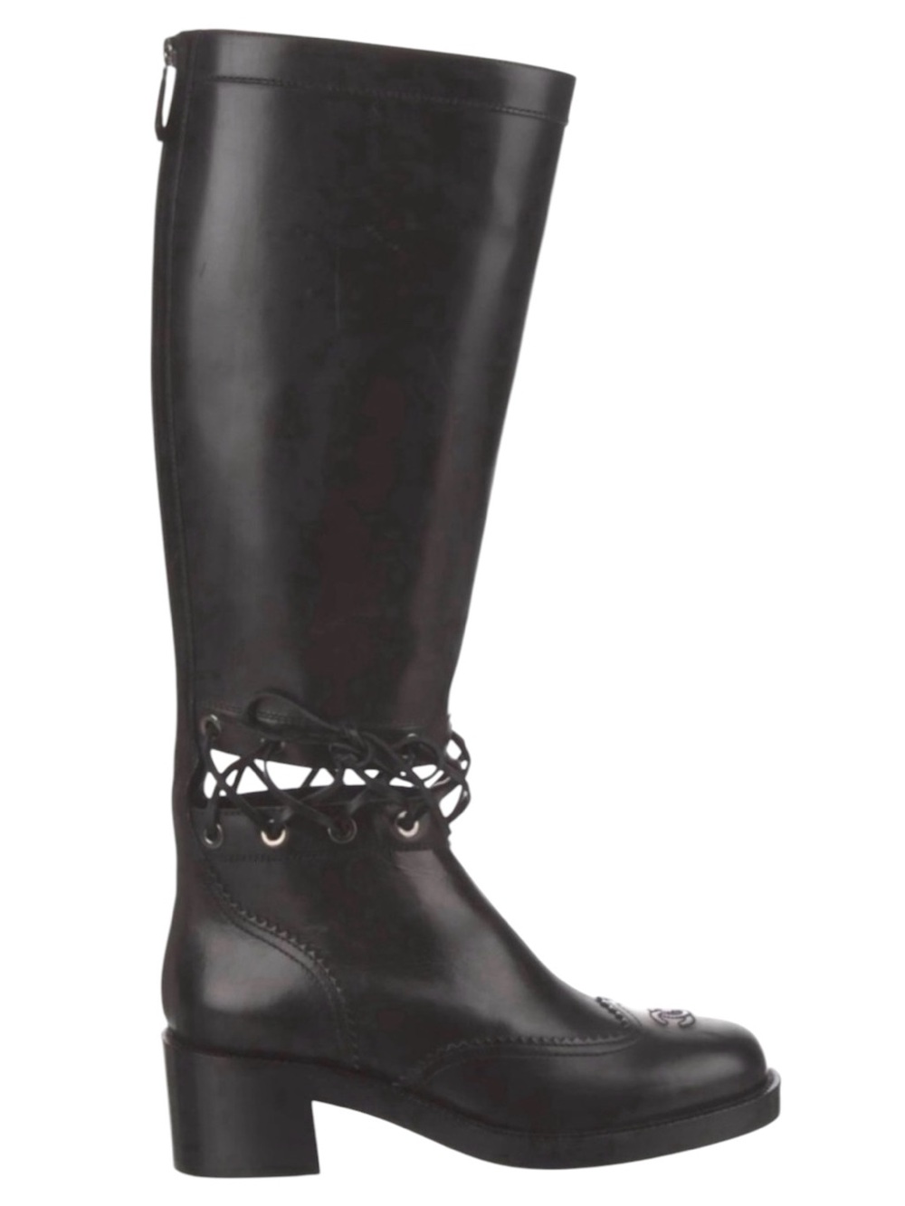 CHANEL Fall 2016 Black Leather Lace-Up Knee High CC Logo Equestrian Riding Boot